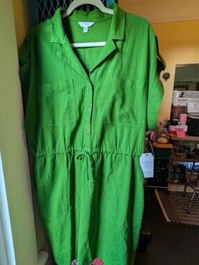 BNWT XXXL (22) Plus Size Emerald Green Drawstring Lightweight Shirt Dress